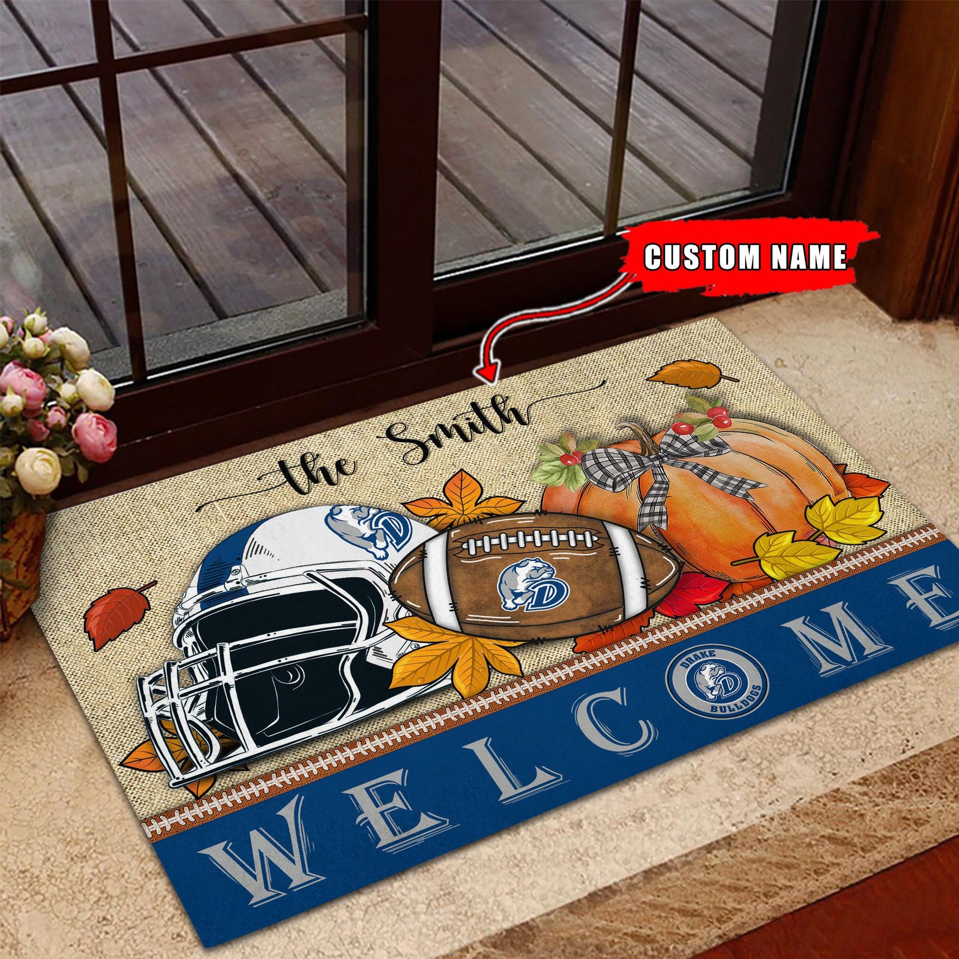 NCAA81-Drake Bulldogs Welcome Fall Football Doormat - Custom name