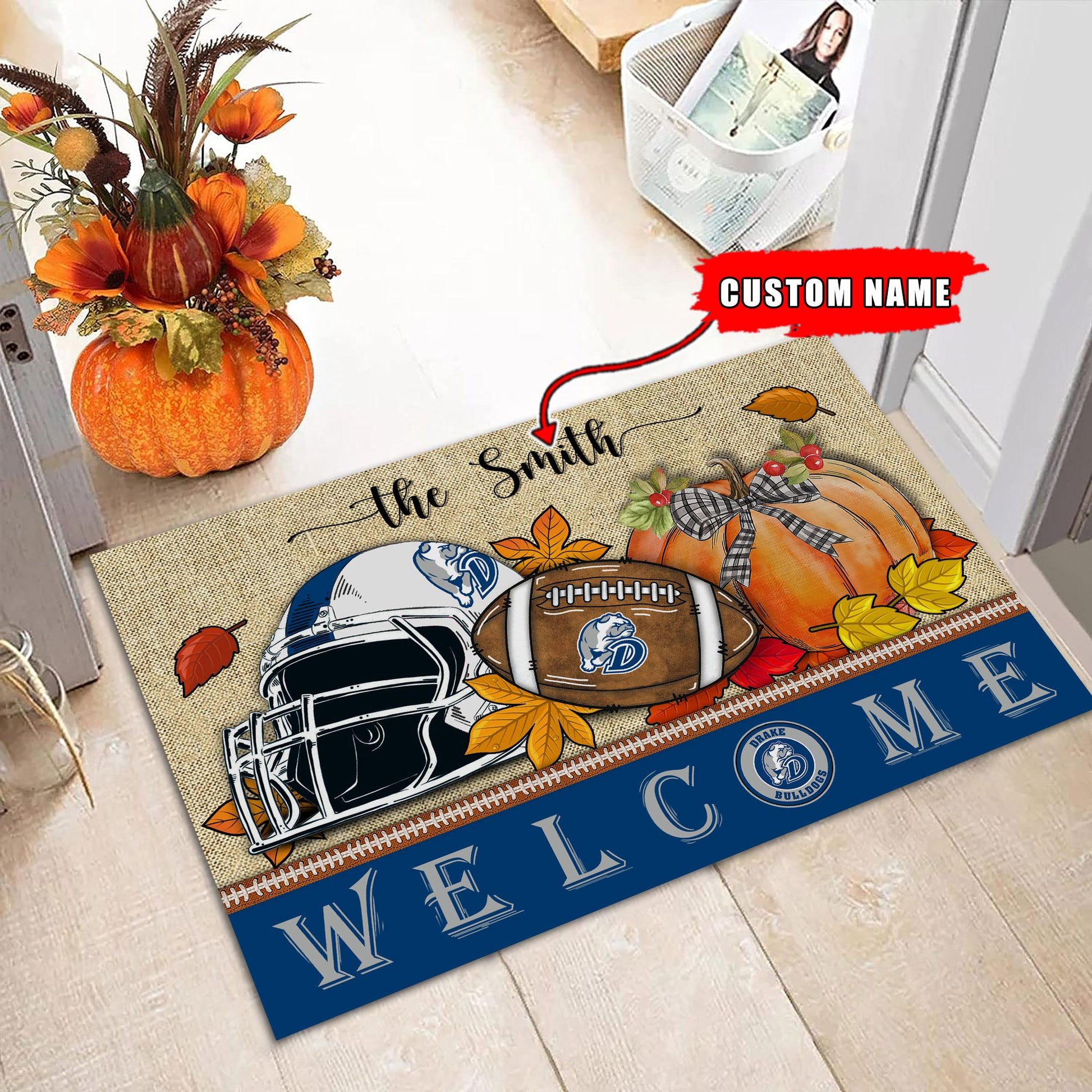 NCAA81-Drake Bulldogs Welcome Fall Football Doormat - Custom name