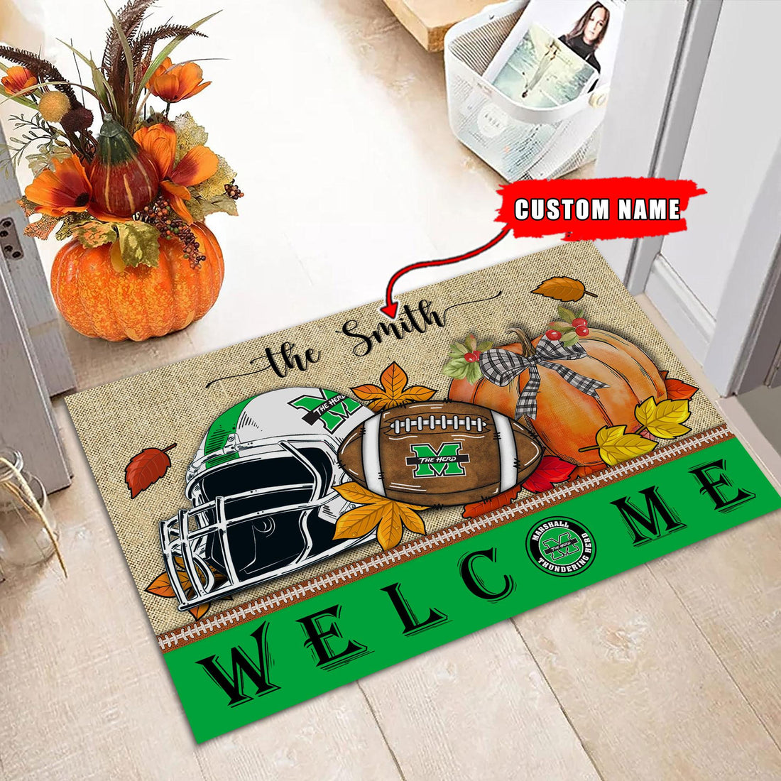 NCAA82-Marshall Thundering Herd Welcome Fall Football Doormat - Custom name