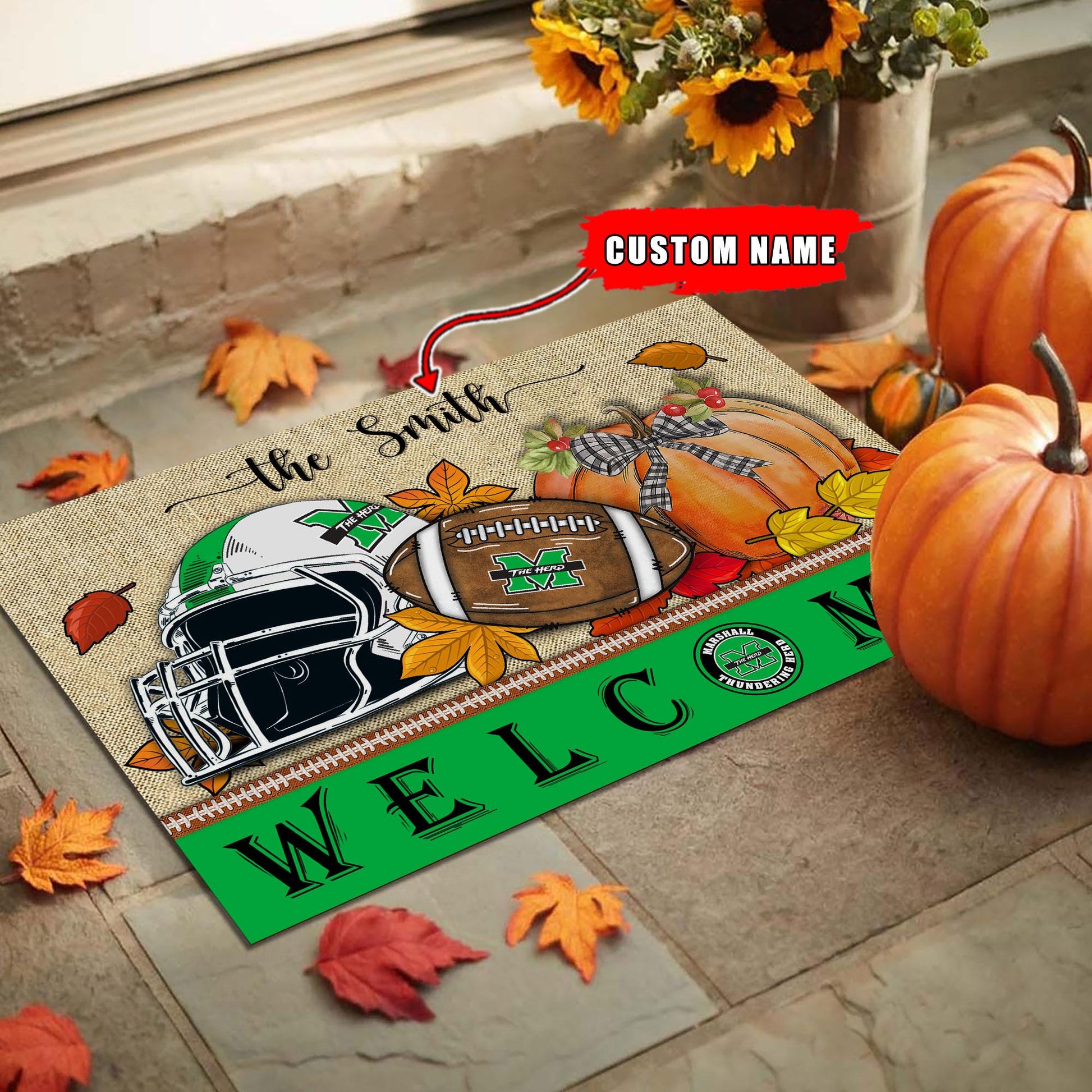 NCAA82-Marshall Thundering Herd Welcome Fall Football Doormat - Custom name