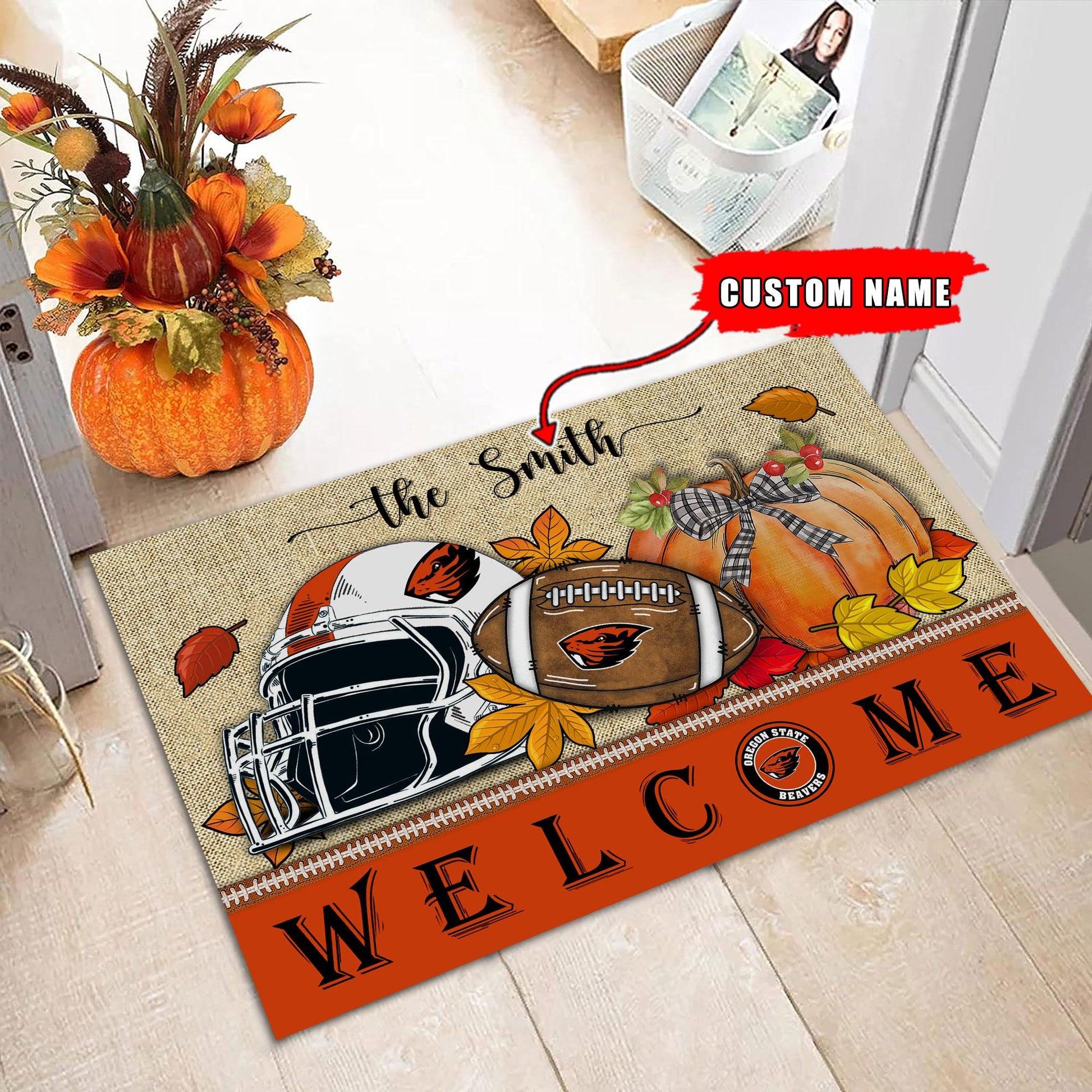 NCAA84-Oregon State Beavers Welcome Fall Football Doormat - Custom name