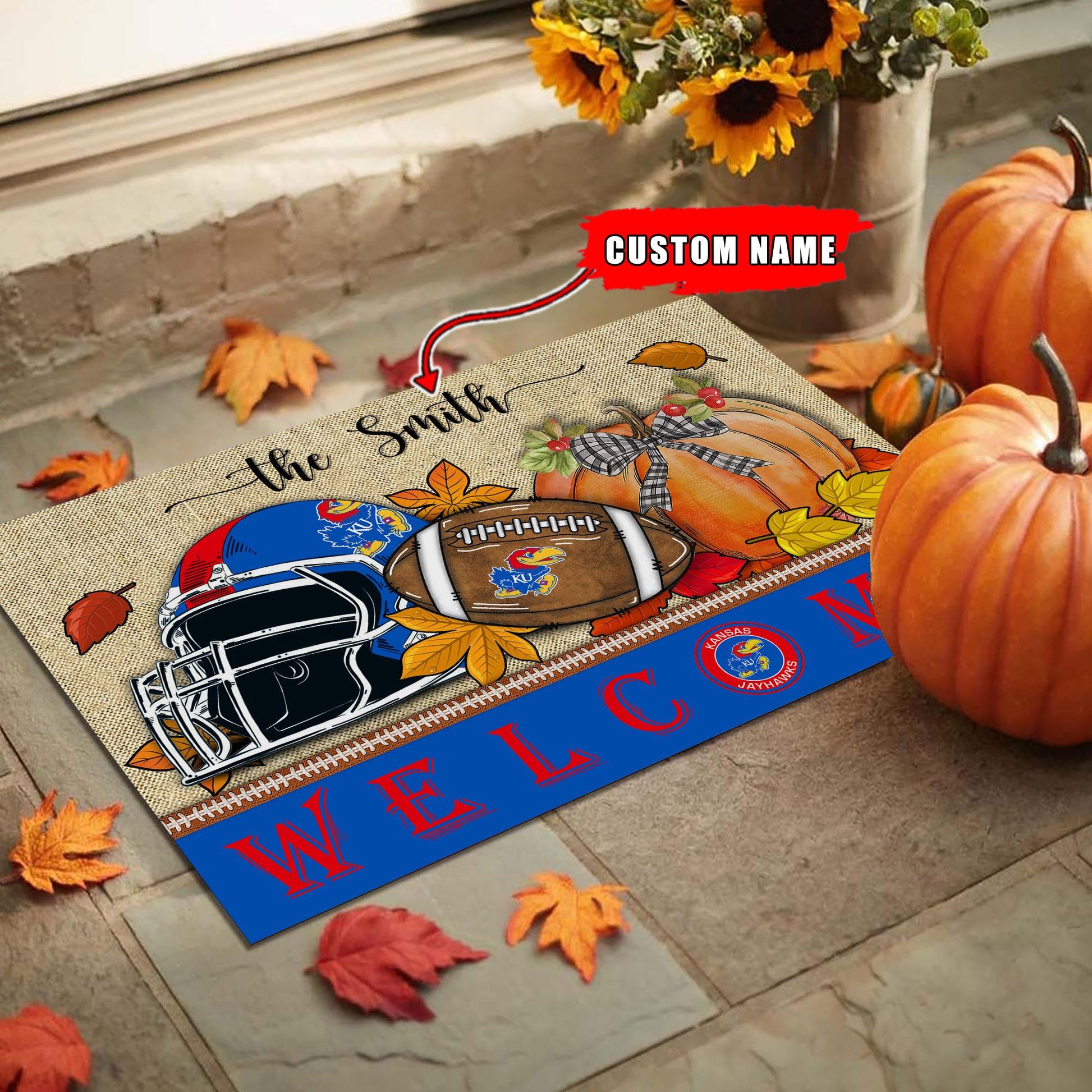 NCAA89-Kansas Jayhawks Welcome Fall Football Doormat - Custom name