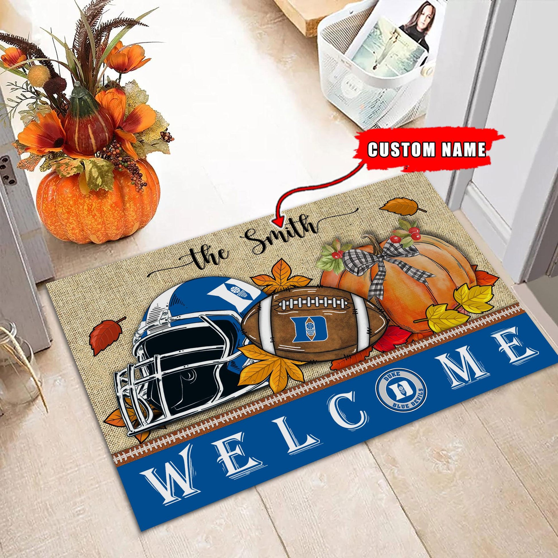 NCAA90-Duke Blue Devils Welcome Fall Football Doormat - Custom name
