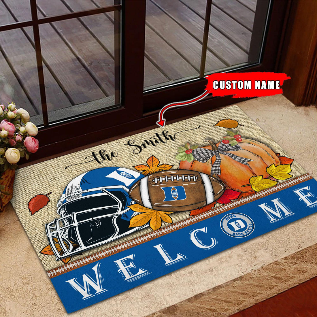 NCAA90-Duke Blue Devils Welcome Fall Football Doormat - Custom name