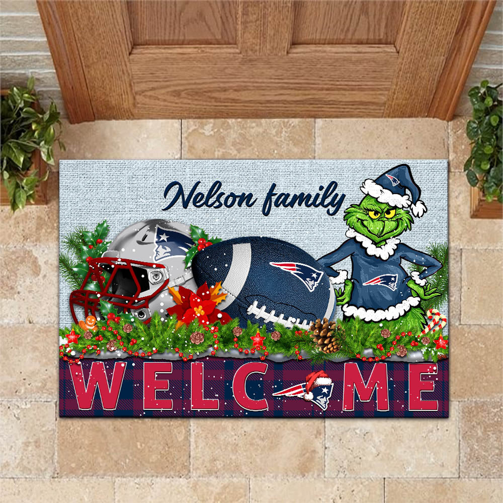 New England Patriots Football Team Doormat Personalized Your Family Name, Sport And Grinch Doormat, Football Lovers Gifts, Home Decorations ETHY-53152
