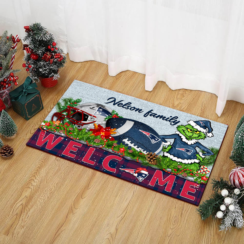 New England Patriots Football Team Doormat Personalized Your Family Name, Sport And Grinch Doormat, Football Lovers Gifts, Home Decorations ETHY-53152