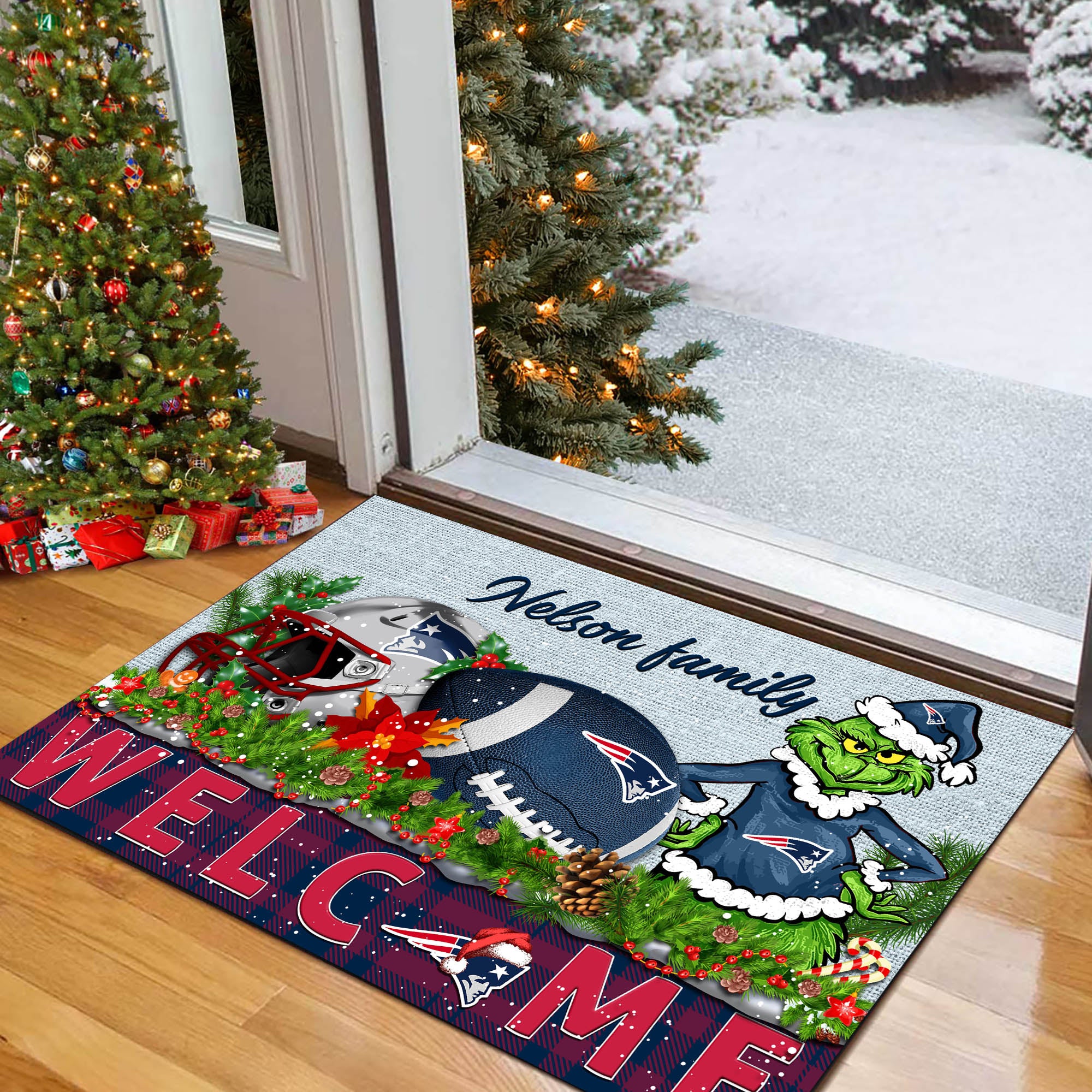 New England Patriots Football Team Doormat Personalized Your Family Name, Sport And Grinch Doormat, Football Lovers Gifts, Home Decorations ETHY-53152