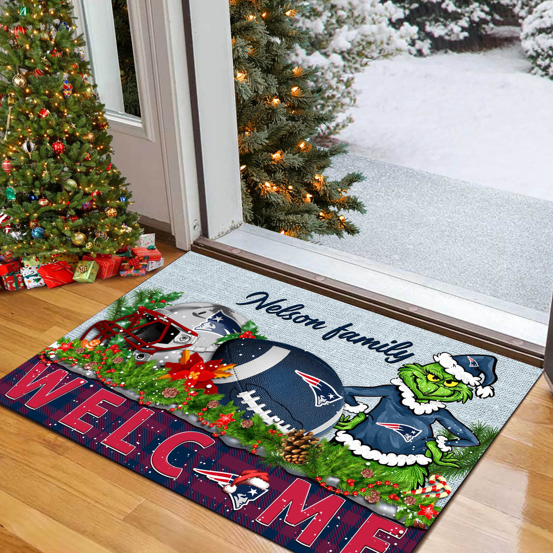 New England Patriots Football Team Doormat Personalized Your Family Name, Sport And Grinch Doormat, Football Lovers Gifts, Home Decorations ETHY-53152