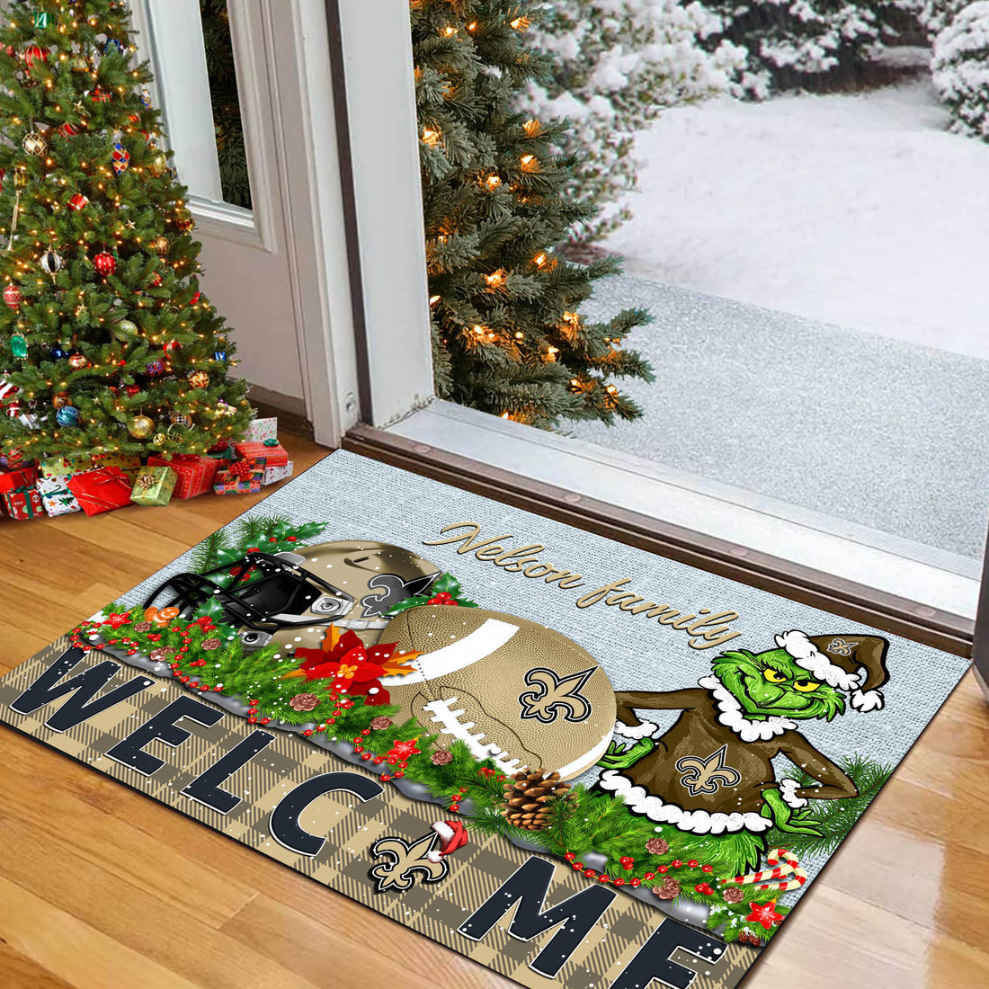 New Orleans Saints Football Team Doormat Personalized Your Family Name, Sport And Grinch Doormat, Football Lovers Gifts, Home Decorations ETHY-53152