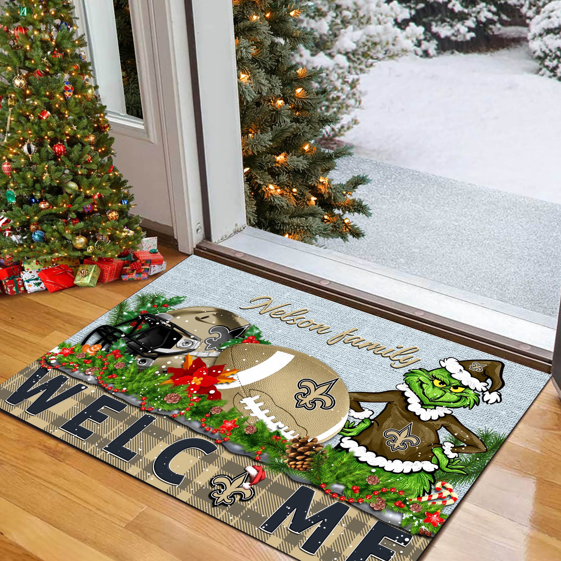 New Orleans Saints Football Team Doormat Personalized Your Family Name, Sport And Grinch Doormat, Football Lovers Gifts, Home Decorations ETHY-53152