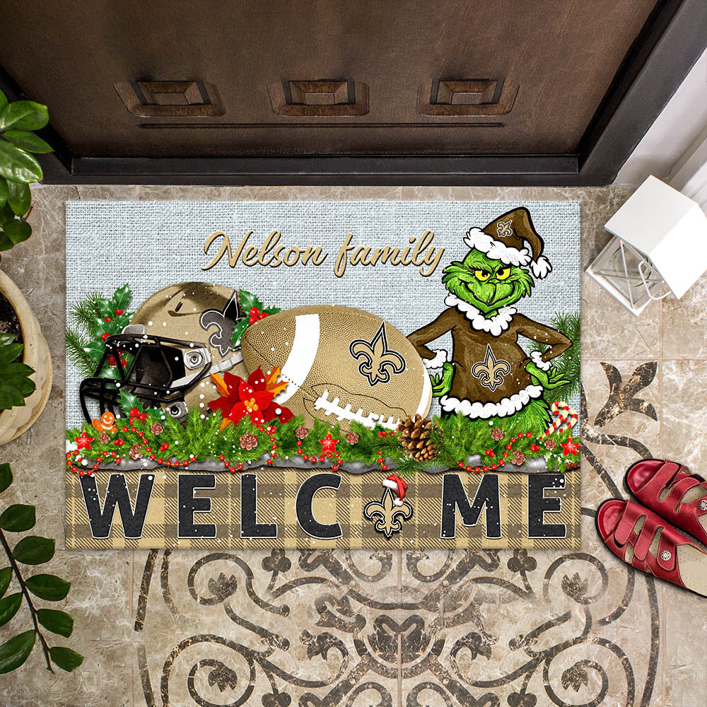 New Orleans Saints Football Team Doormat Personalized Your Family Name, Sport And Grinch Doormat, Football Lovers Gifts, Home Decorations ETHY-53152