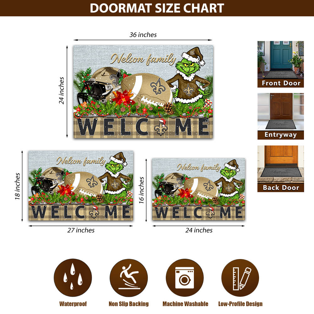 New Orleans Saints Football Team Doormat Personalized Your Family Name, Sport And Grinch Doormat, Football Lovers Gifts, Home Decorations ETHY-53152