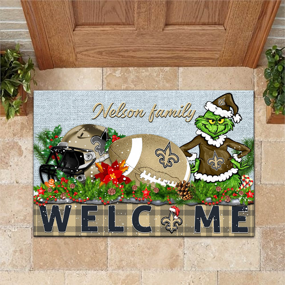 New Orleans Saints Football Team Doormat Personalized Your Family Name, Sport And Grinch Doormat, Football Lovers Gifts, Home Decorations ETHY-53152