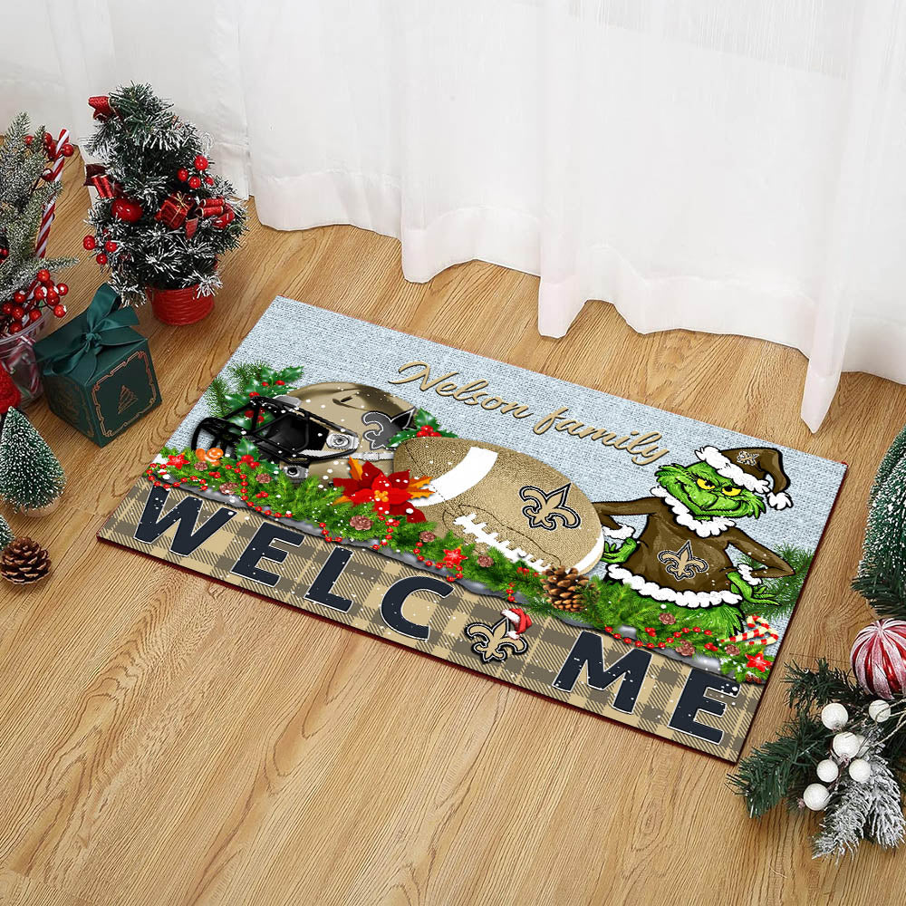 New Orleans Saints Football Team Doormat Personalized Your Family Name, Sport And Grinch Doormat, Football Lovers Gifts, Home Decorations ETHY-53152