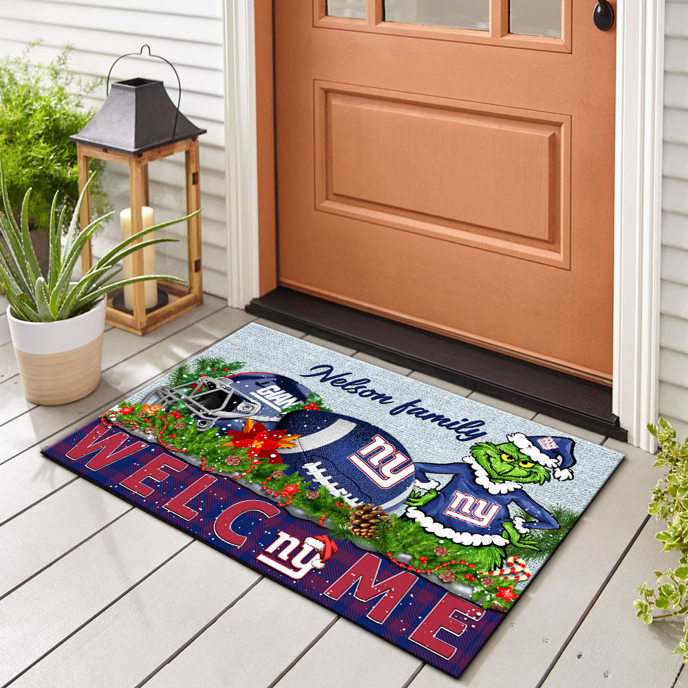 New York Giants Football Team Doormat Personalized Your Family Name, Sport And Grinch Doormat, Football Lovers Gifts, Home Decorations ETHY-53152