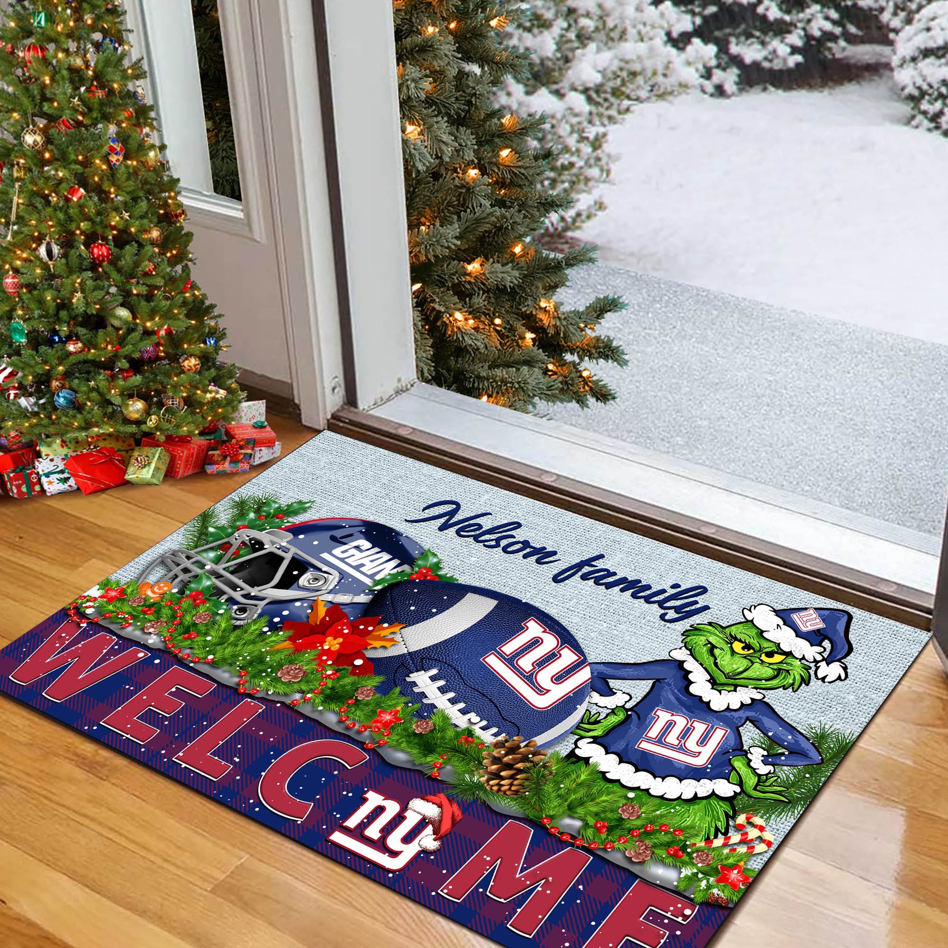 New York Giants Football Team Doormat Personalized Your Family Name, Sport And Grinch Doormat, Football Lovers Gifts, Home Decorations ETHY-53152