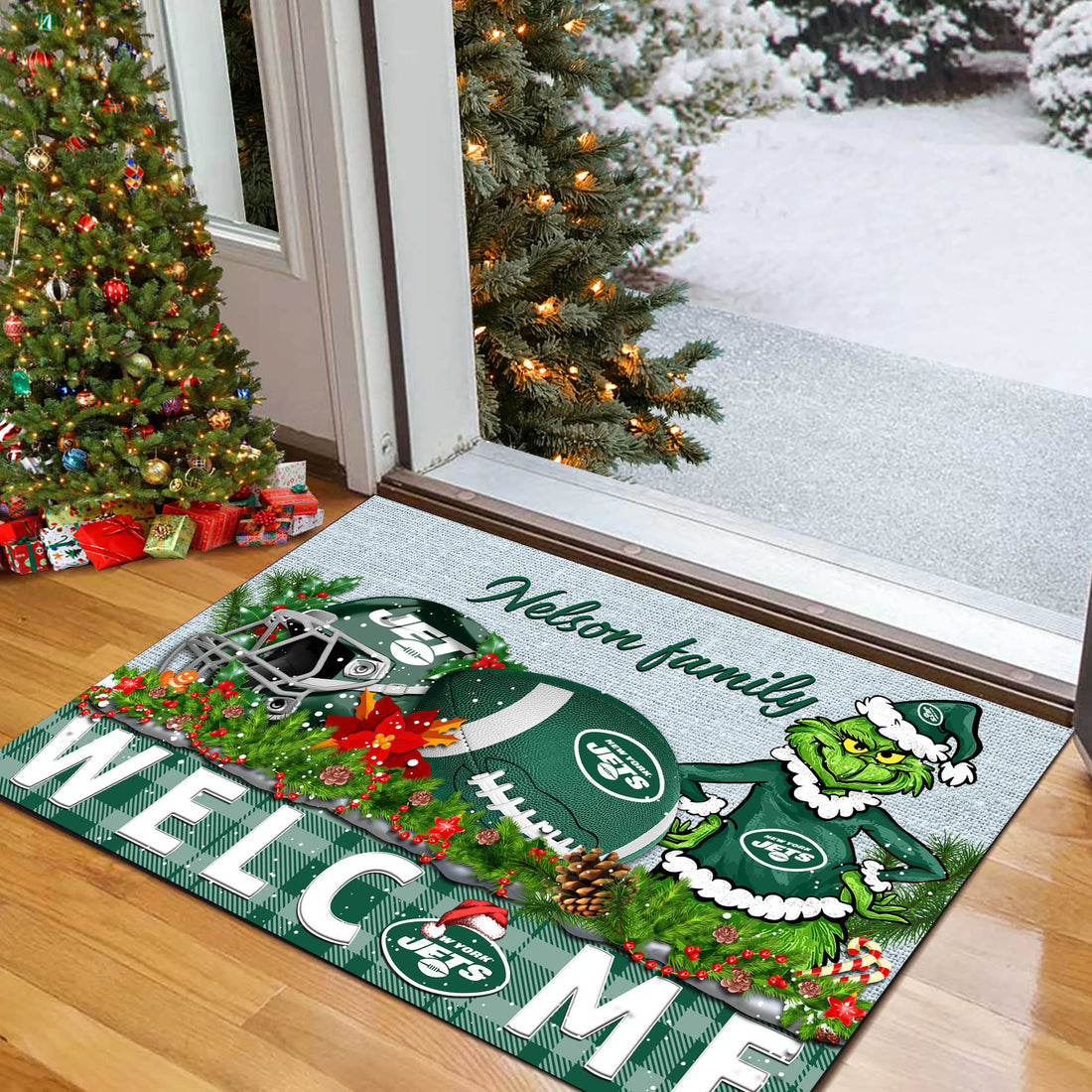 New York Jets Football Team Doormat Personalized Your Family Name, Sport And Grinch Doormat, Football Lovers Gifts, Home Decorations ETHY-53152