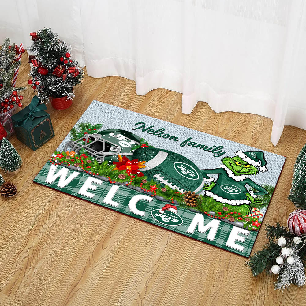 New York Jets Football Team Doormat Personalized Your Family Name, Sport And Grinch Doormat, Football Lovers Gifts, Home Decorations ETHY-53152