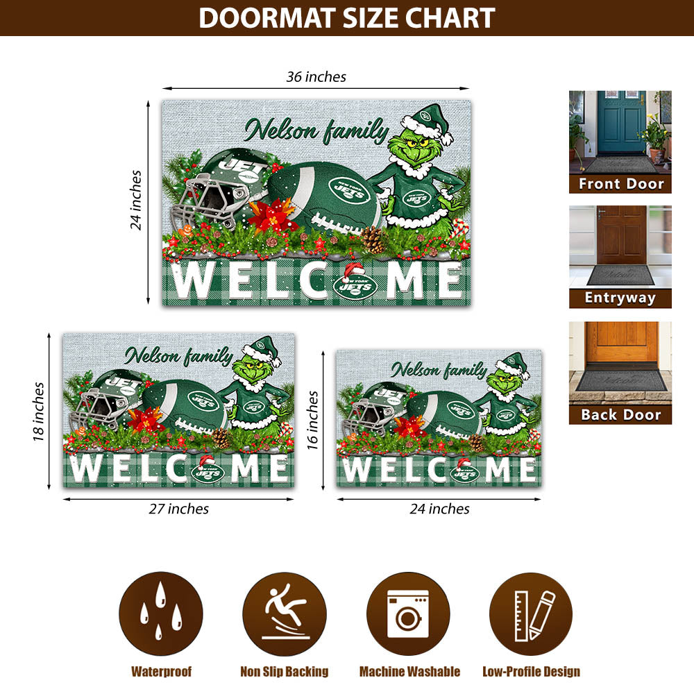 New York Jets Football Team Doormat Personalized Your Family Name, Sport And Grinch Doormat, Football Lovers Gifts, Home Decorations ETHY-53152