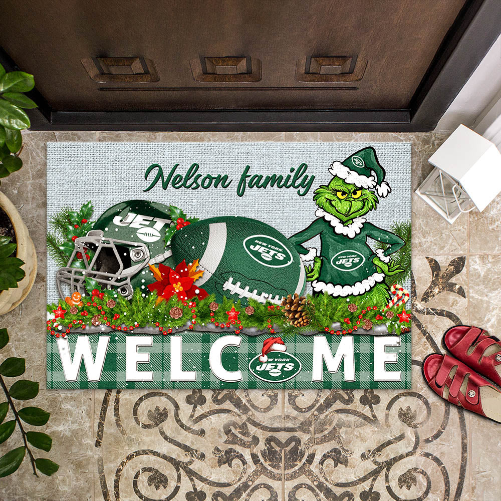 New York Jets Football Team Doormat Personalized Your Family Name, Sport And Grinch Doormat, Football Lovers Gifts, Home Decorations ETHY-53152