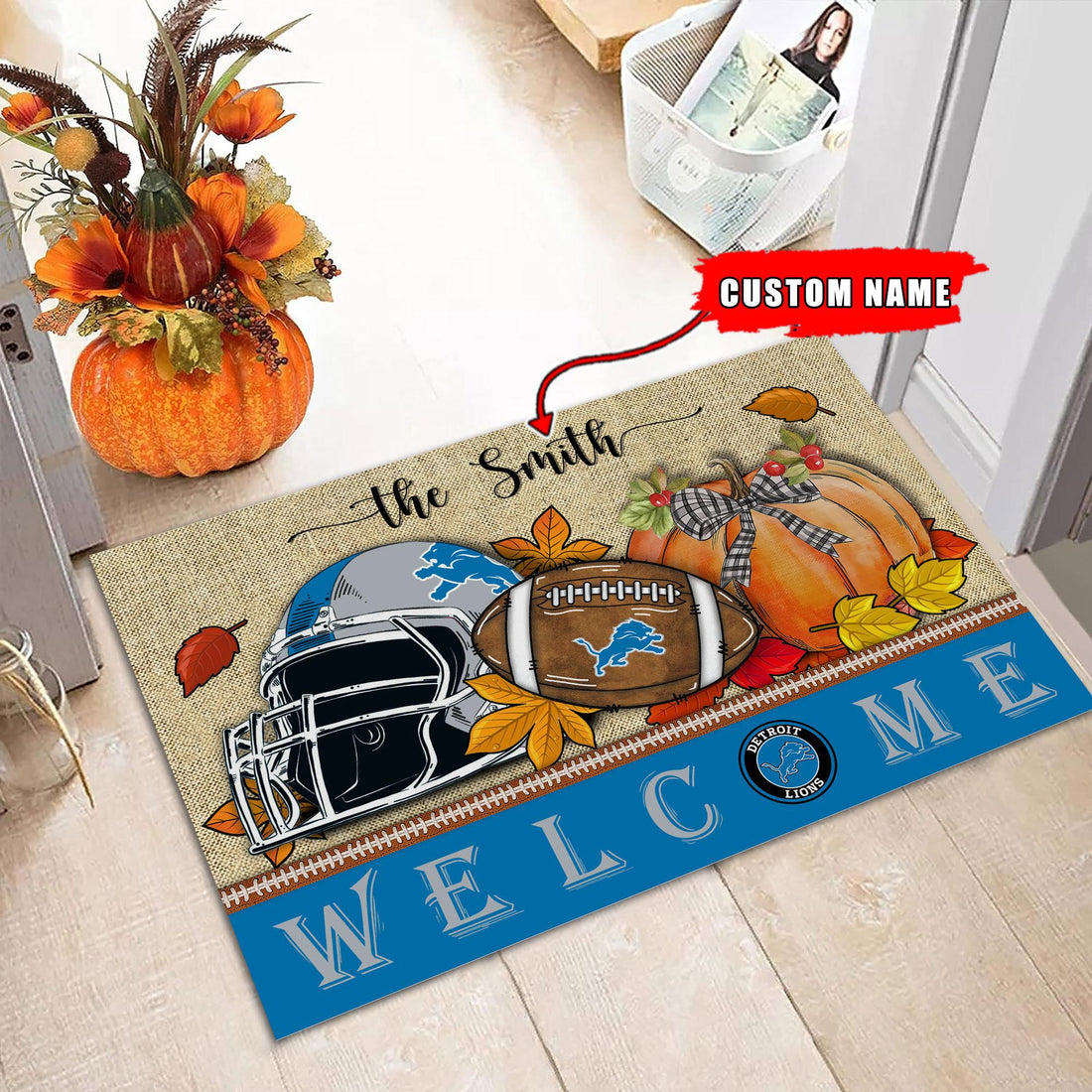 NFL11-Detroit Lions Welcome Fall Football Doormat - Custom name