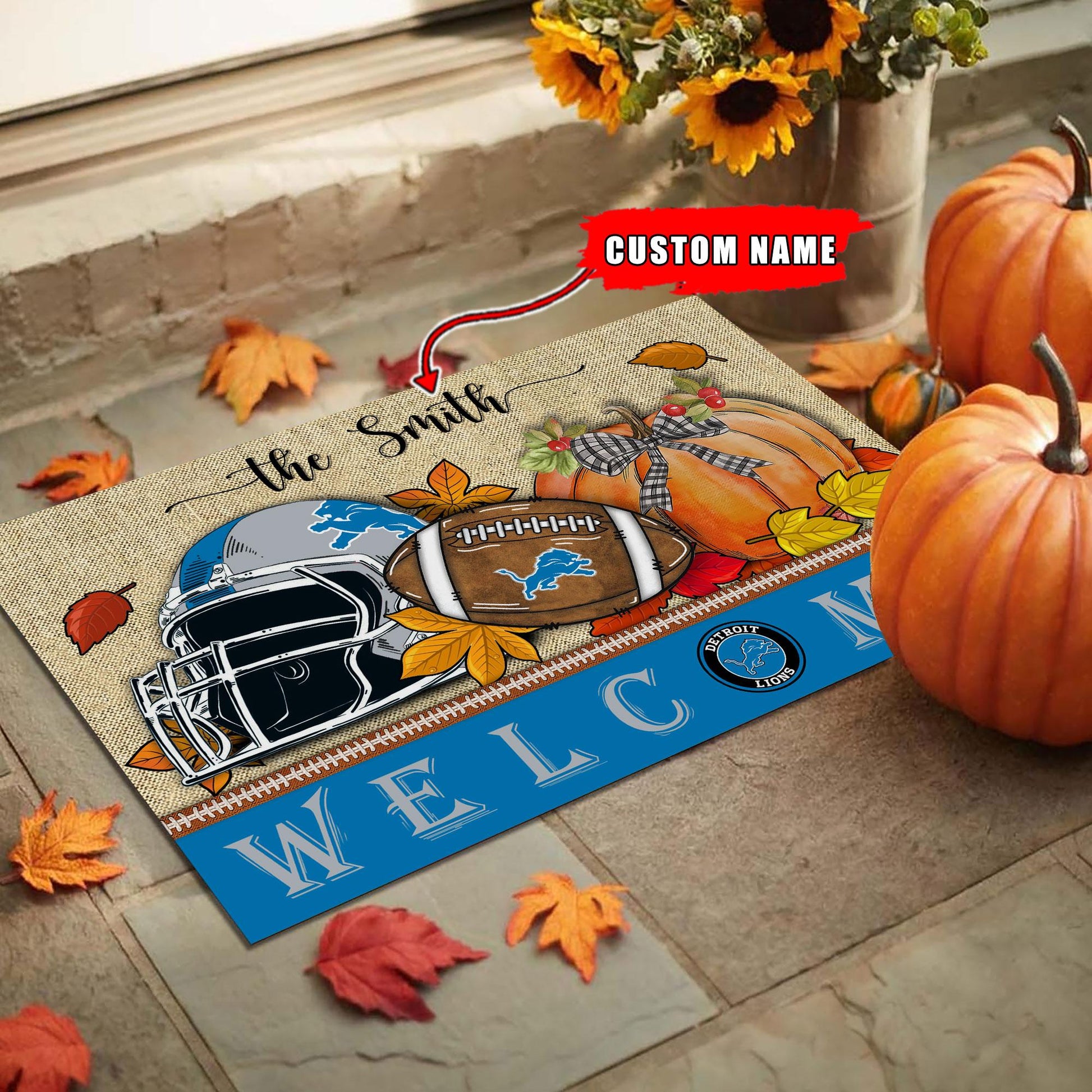 NFL11-Detroit Lions Welcome Fall Football Doormat - Custom name