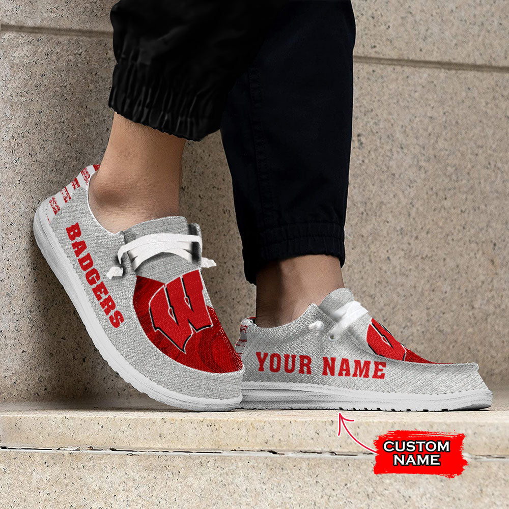 NCAA Wisconsin Badgers Custom Name Hey Dude Shoes 13 M79