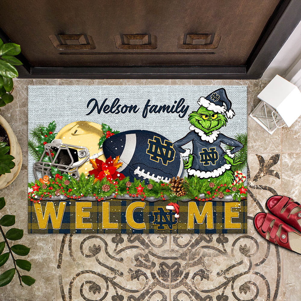 Notre Dame Fighting Irish Football Team Doormat Personalized Your Family Name, Sport And Grinch Doormat, Football Lovers Gifts, Home Decorations ETHY-53152