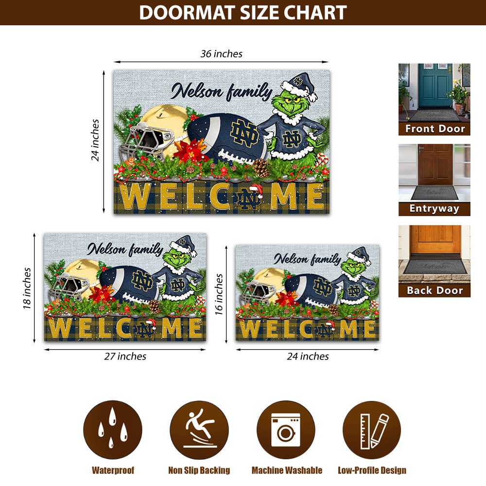Notre Dame Fighting Irish Football Team Doormat Personalized Your Family Name, Sport And Grinch Doormat, Football Lovers Gifts, Home Decorations ETHY-53152