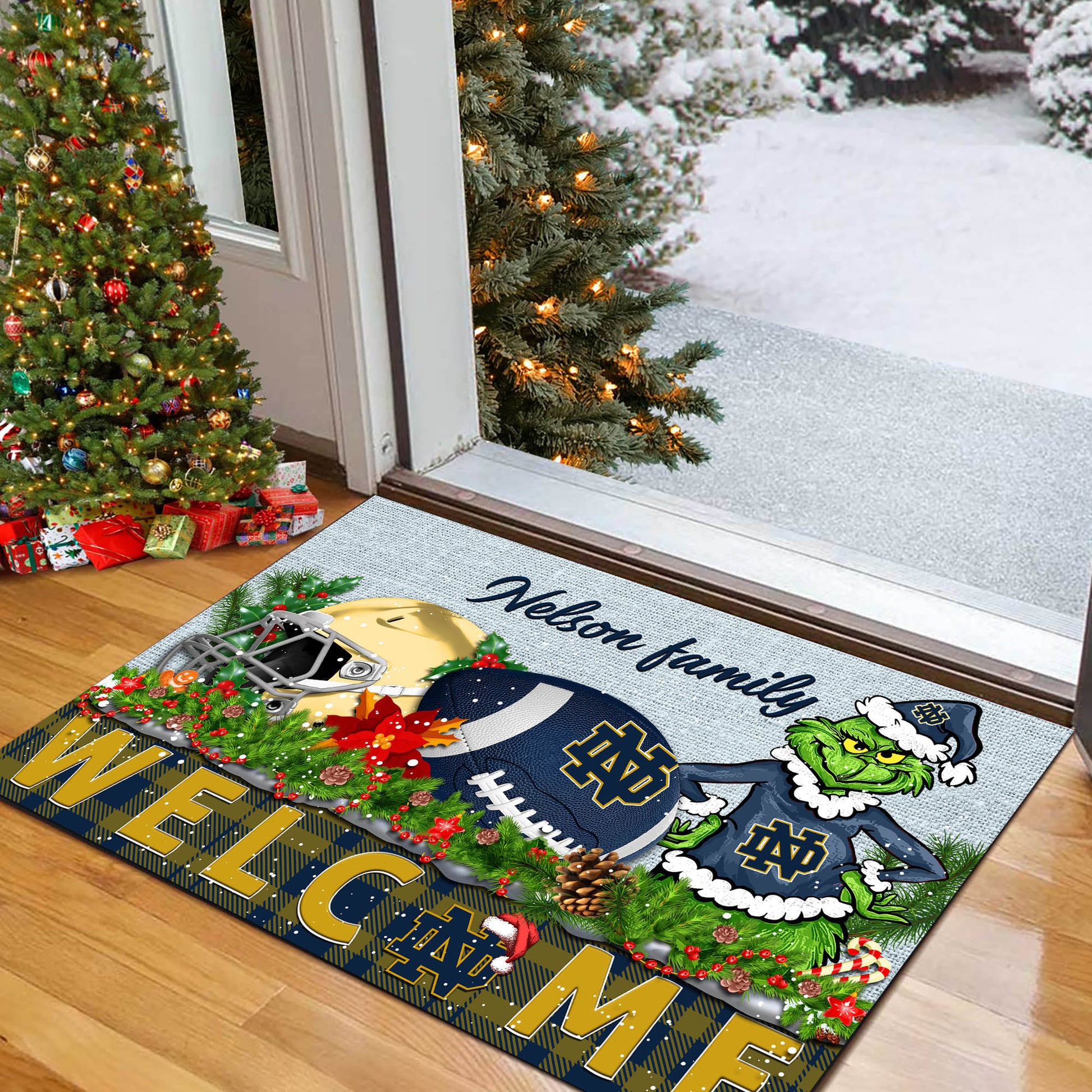 Notre Dame Fighting Irish Football Team Doormat Personalized Your Family Name, Sport And Grinch Doormat, Football Lovers Gifts, Home Decorations ETHY-53152