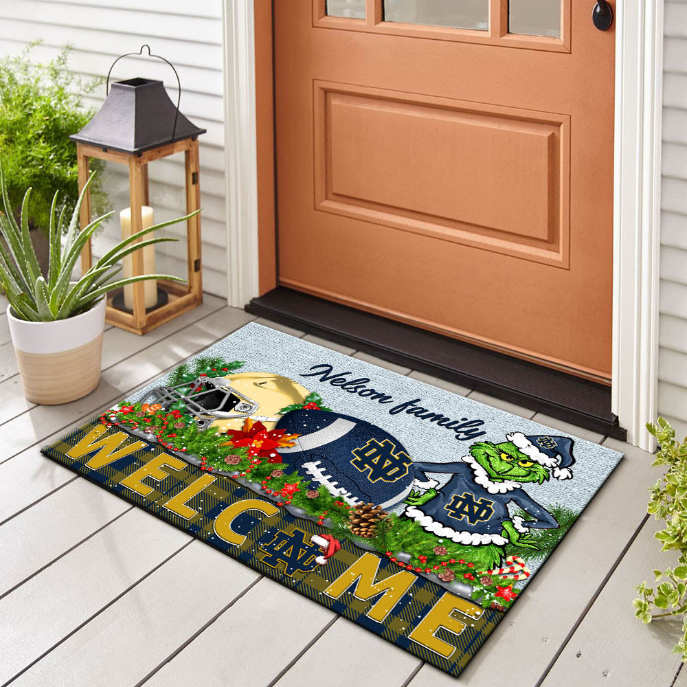 Notre Dame Fighting Irish Football Team Doormat Personalized Your Family Name, Sport And Grinch Doormat, Football Lovers Gifts, Home Decorations ETHY-53152