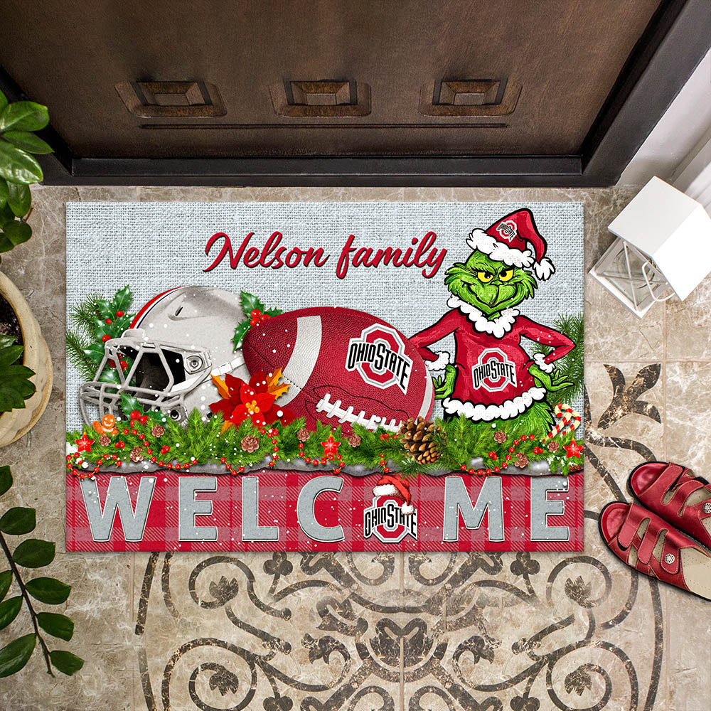 Ohio State Buckeyes Football Team Doormat Personalized Your Family Name, Sport And Grinch Doormat, Football Lovers Gifts, Home Decorations ETHY-53152