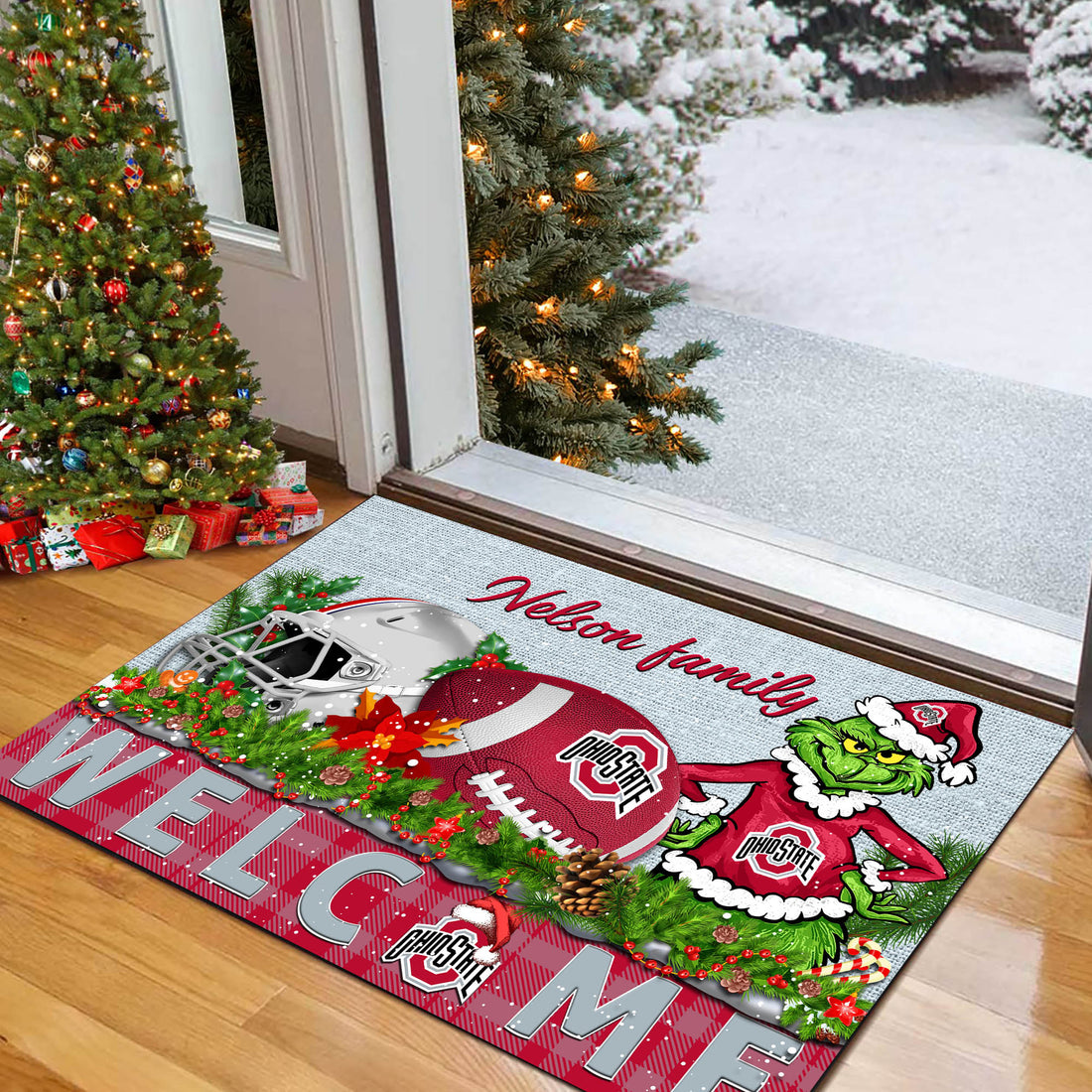 Ohio State Buckeyes Football Team Doormat Personalized Your Family Name, Sport And Grinch Doormat, Football Lovers Gifts, Home Decorations ETHY-53152