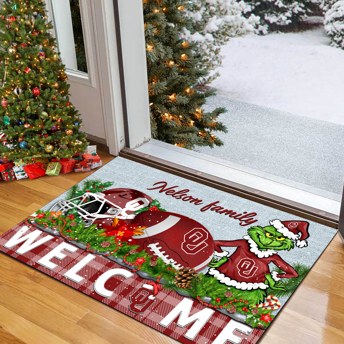 Oklahoma Sooners Football Team Doormat Personalized Your Family Name, Sport And Grinch Doormat, Football Lovers Gifts, Home Decorations ETHY-53152