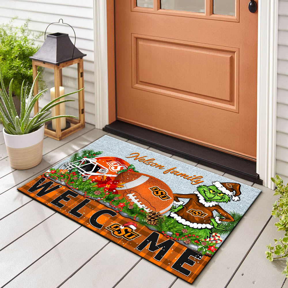 Oklahoma State Cowboys Football Team Doormat Personalized Your Family Name, Sport And Grinch Doormat, Football Lovers Gifts, Home Decorations ETHY-53152