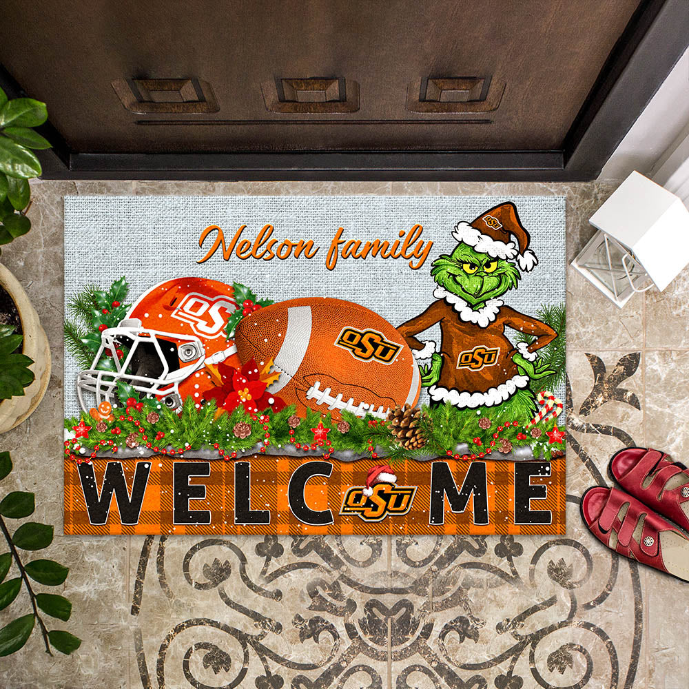 Oklahoma State Cowboys Football Team Doormat Personalized Your Family Name, Sport And Grinch Doormat, Football Lovers Gifts, Home Decorations ETHY-53152