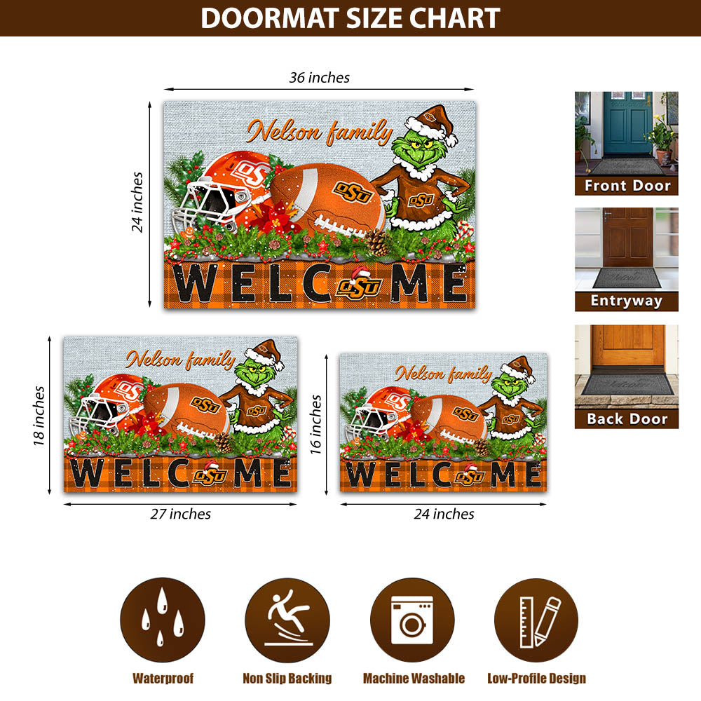 Oklahoma State Cowboys Football Team Doormat Personalized Your Family Name, Sport And Grinch Doormat, Football Lovers Gifts, Home Decorations ETHY-53152