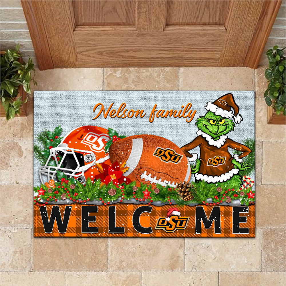 Oklahoma State Cowboys Football Team Doormat Personalized Your Family Name, Sport And Grinch Doormat, Football Lovers Gifts, Home Decorations ETHY-53152