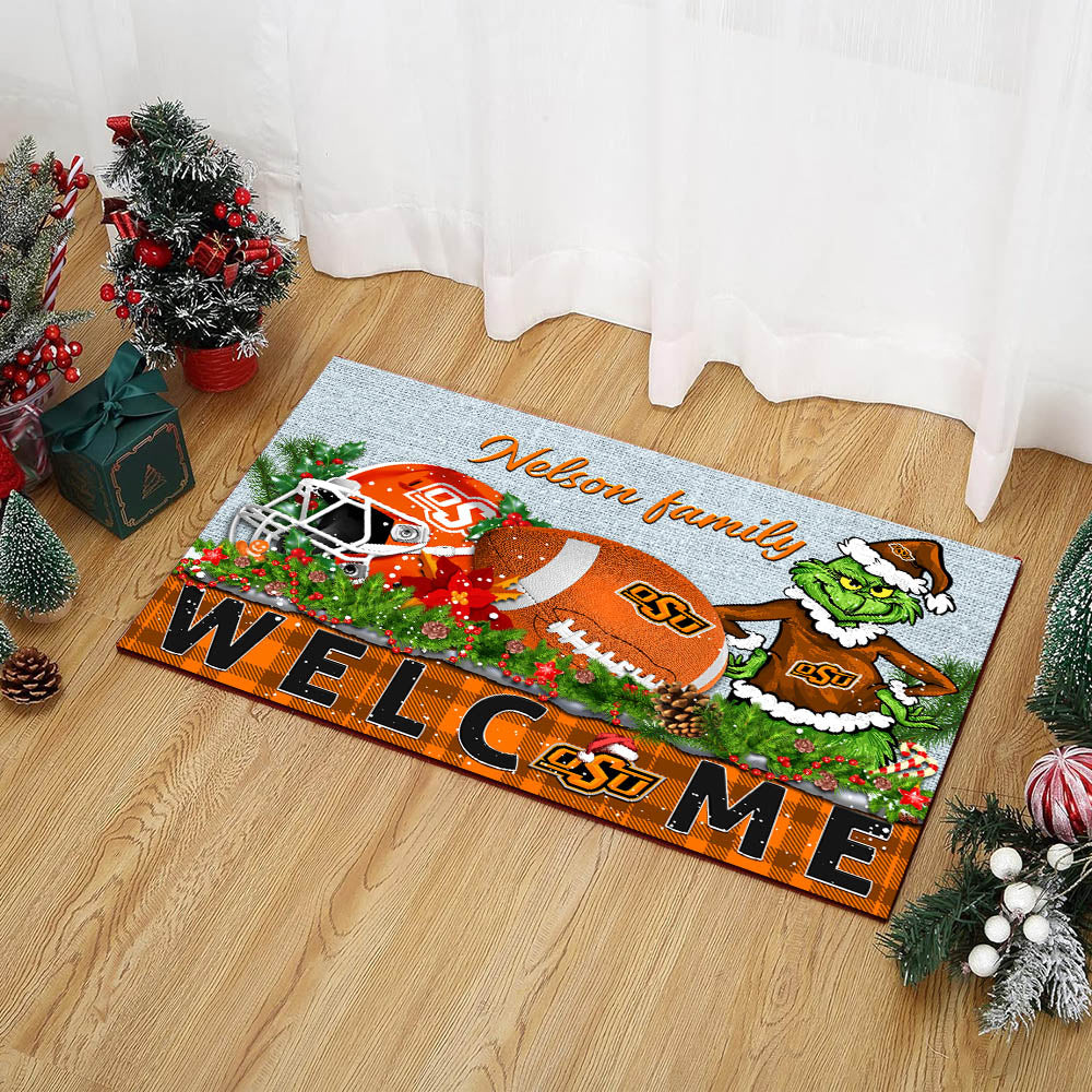 Oklahoma State Cowboys Football Team Doormat Personalized Your Family Name, Sport And Grinch Doormat, Football Lovers Gifts, Home Decorations ETHY-53152
