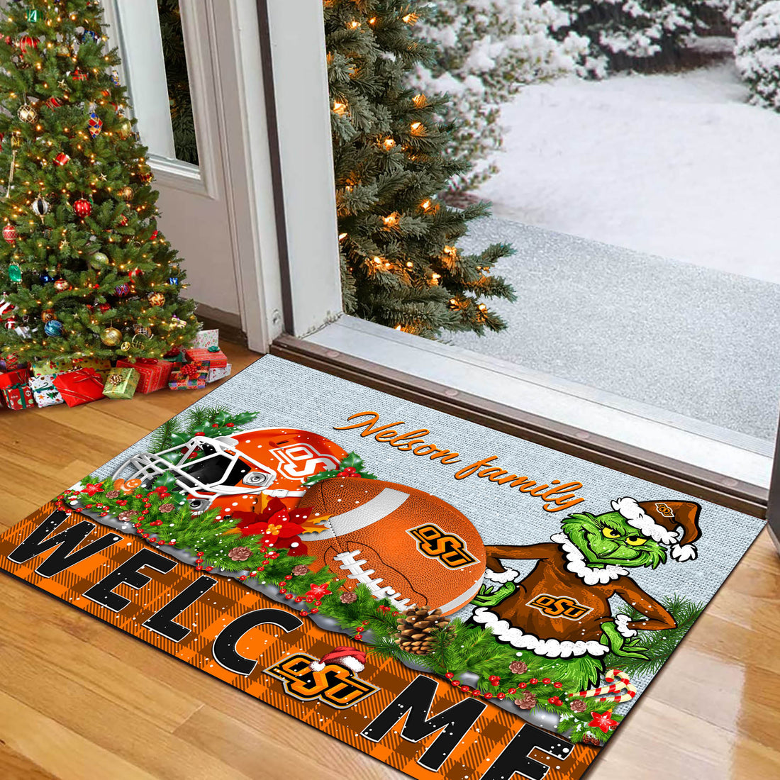 Oklahoma State Cowboys Football Team Doormat Personalized Your Family Name, Sport And Grinch Doormat, Football Lovers Gifts, Home Decorations ETHY-53152
