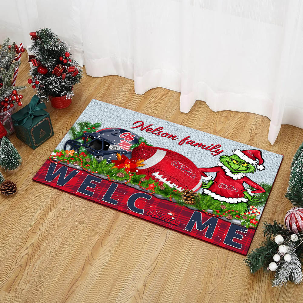 Ole Miss Rebels Football Team Doormat Personalized Your Family Name, Sport And Grinch Doormat, Football Lovers Gifts, Home Decorations ETHY-53152