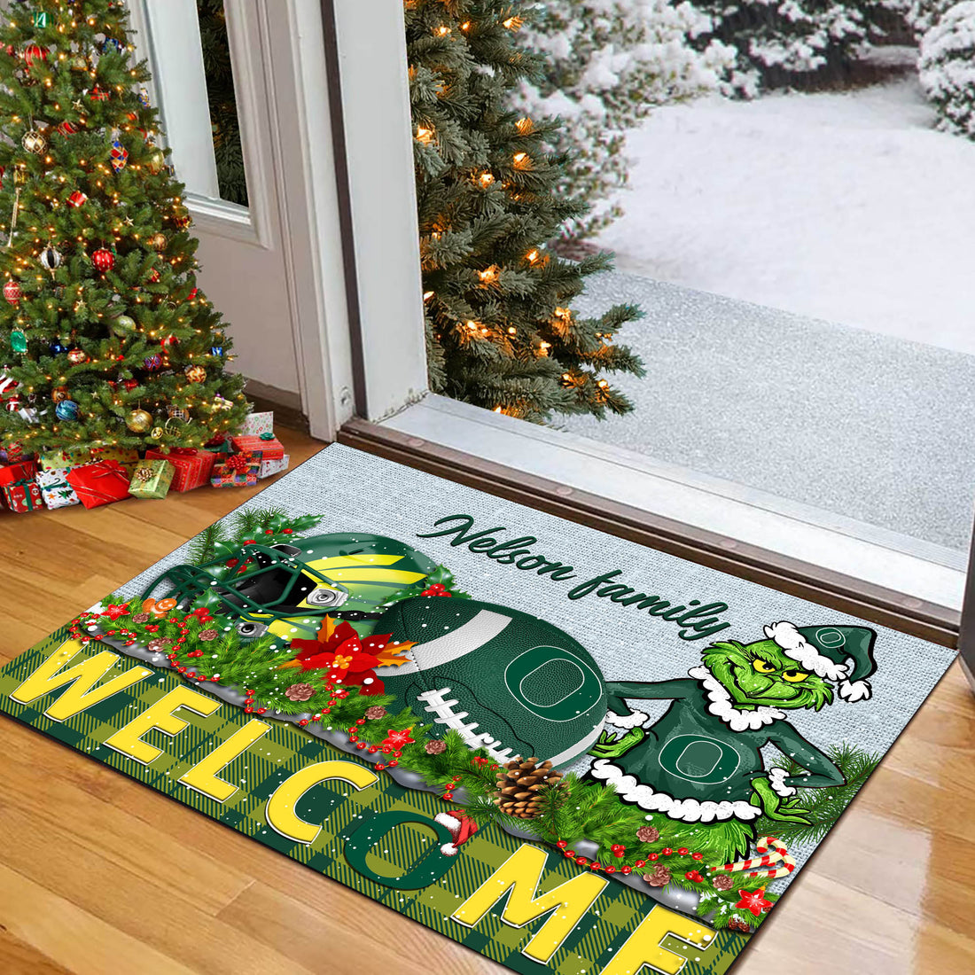 Oregon Ducks Football Team Doormat Personalized Your Family Name, Sport And Grinch Doormat, Football Lovers Gifts, Home Decorations ETHY-53152