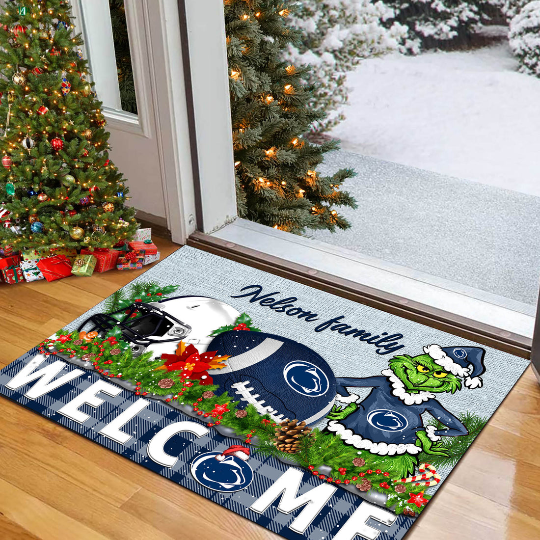 Penn State Nittany Lions Football Team Doormat Personalized Your Family Name, Sport And Grinch Doormat, Football Lovers Gifts, Home Decorations ETHY-53152