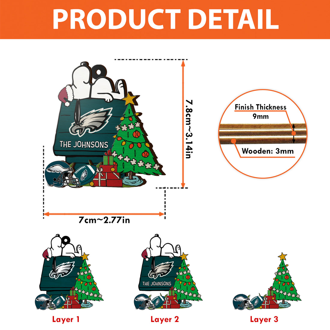 Philadelphia Eagles 3 Layered Piece Wooden Ornament Custom Name, Sport Team And SN Ornament, Sport Gifts ETRG-52222