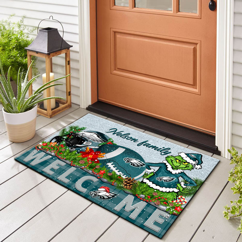Philadelphia Eagles Football Team Doormat Personalized Your Family Name, Sport And Grinch Doormat, Football Lovers Gifts, Home Decorations ETHY-53152