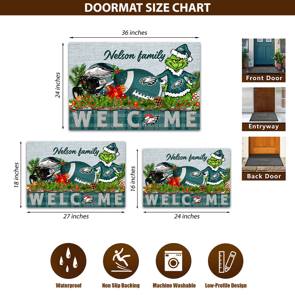 Philadelphia Eagles Football Team Doormat Personalized Your Family Name, Sport And Grinch Doormat, Football Lovers Gifts, Home Decorations ETHY-53152