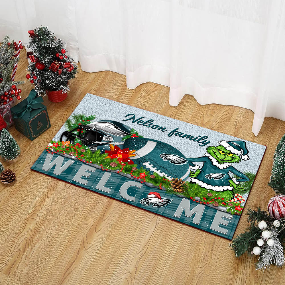 Philadelphia Eagles Football Team Doormat Personalized Your Family Name, Sport And Grinch Doormat, Football Lovers Gifts, Home Decorations ETHY-53152