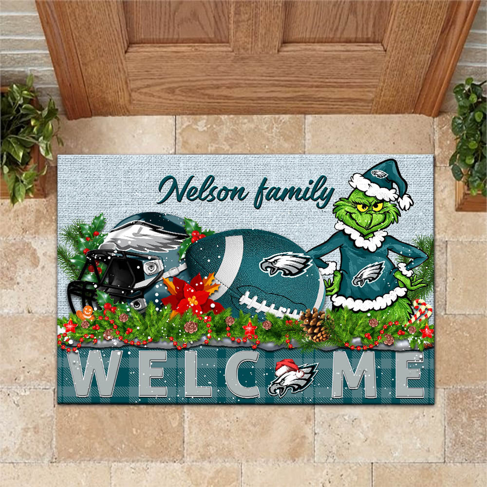Philadelphia Eagles Football Team Doormat Personalized Your Family Name, Sport And Grinch Doormat, Football Lovers Gifts, Home Decorations ETHY-53152