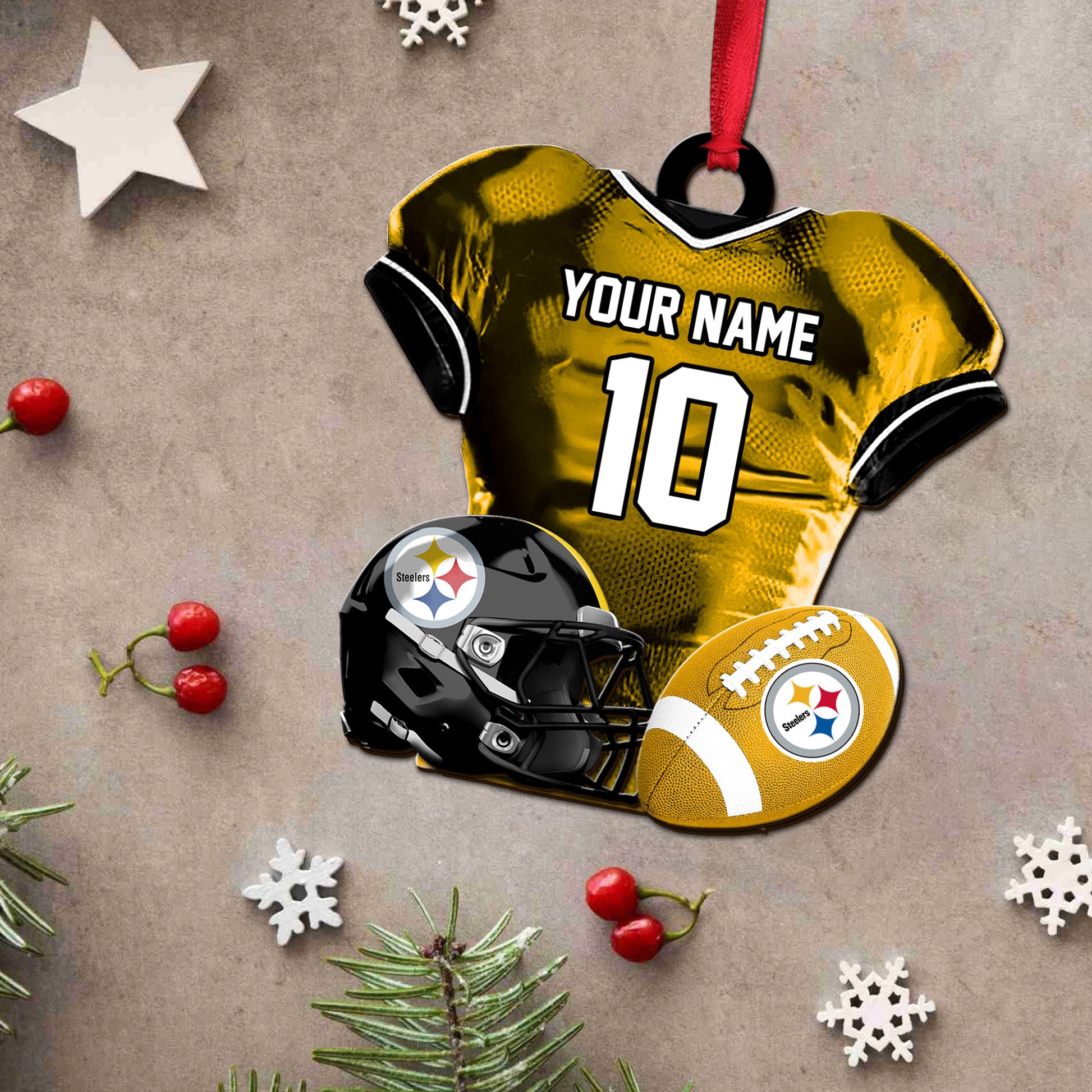 Pittsburgh Steelers 2 Layered Piece Wooden Ornament Custom Name And Number, Sport Team Ornament, Sport Gifts ETRG-52175