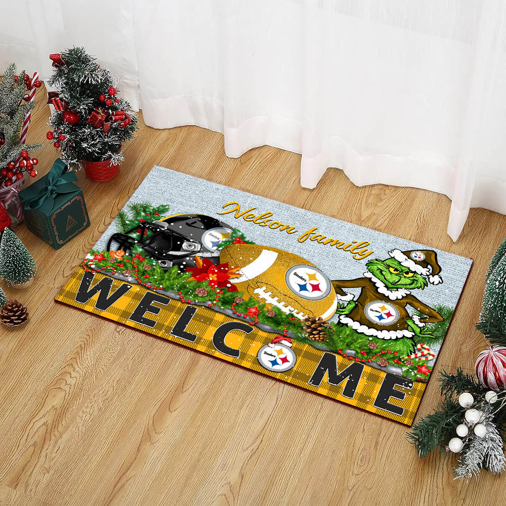 Pittsburgh Steelers Football Team Doormat Personalized Your Family Name, Sport And Grinch Doormat, Football Lovers Gifts, Home Decorations ETHY-53152